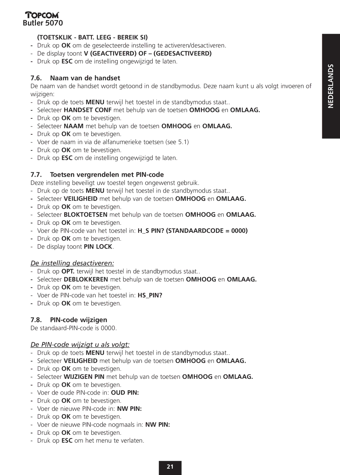 Topcom 5070 manual De display toont V Geactiveerd of Gedesactiveerd, Naam van de handset, Toetsen vergrendelen met PIN-code 