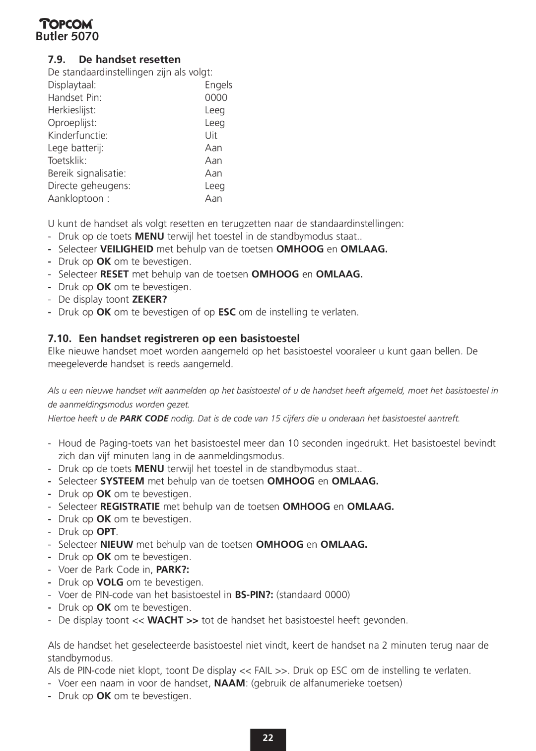 Topcom 5070 manual De handset resetten, Een handset registreren op een basistoestel 