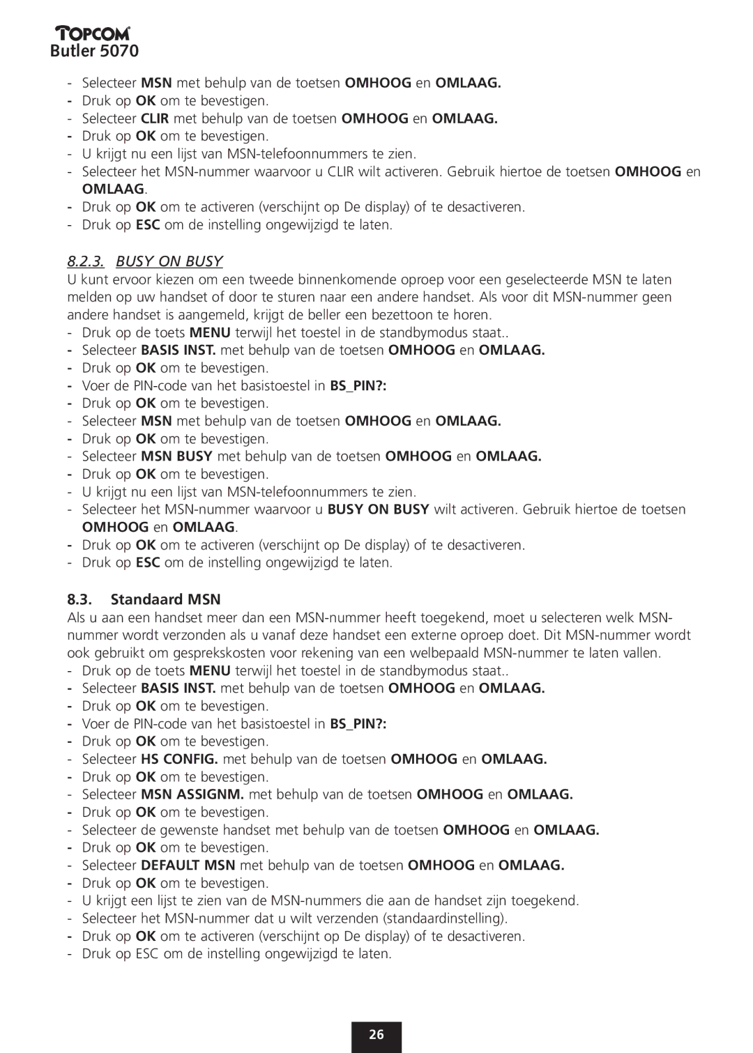 Topcom 5070 manual Busy on Busy, Standaard MSN 