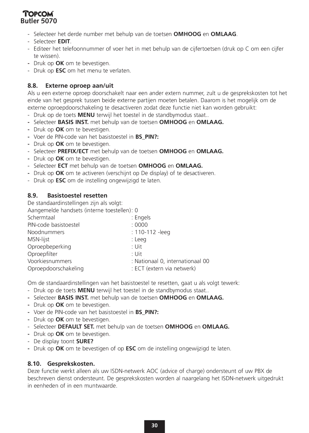 Topcom 5070 manual Externe oproep aan/uit, Basistoestel resetten, Gesprekskosten 