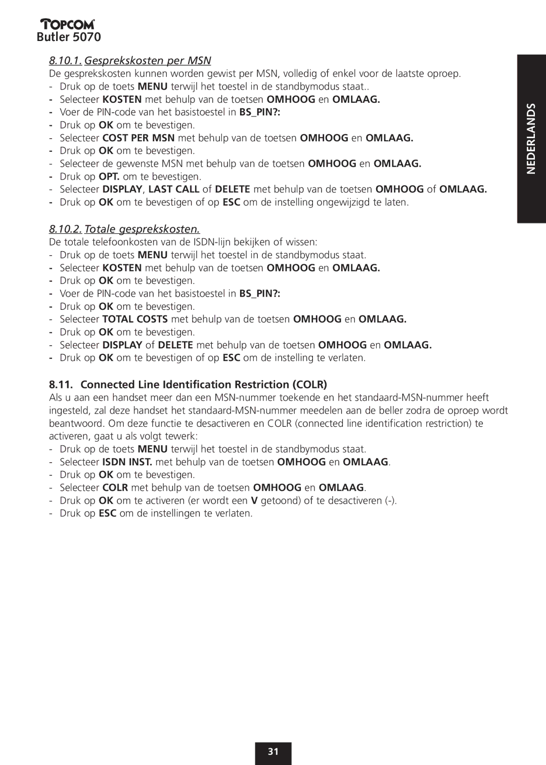 Topcom 5070 manual Gesprekskosten per MSN, Totale gesprekskosten, Connected Line Identification Restriction Colr 