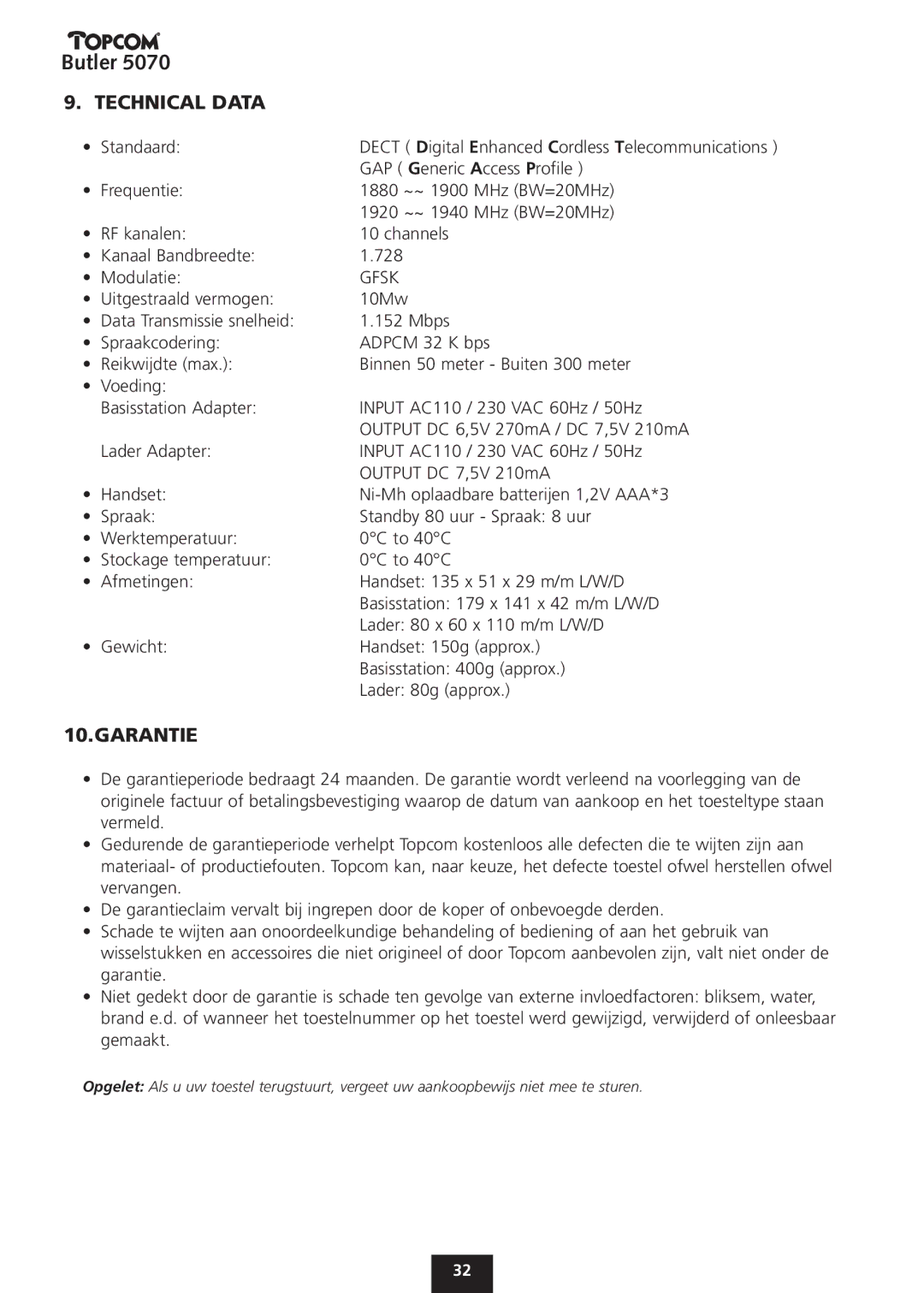 Topcom 5070 manual Technical Data, Garantie 