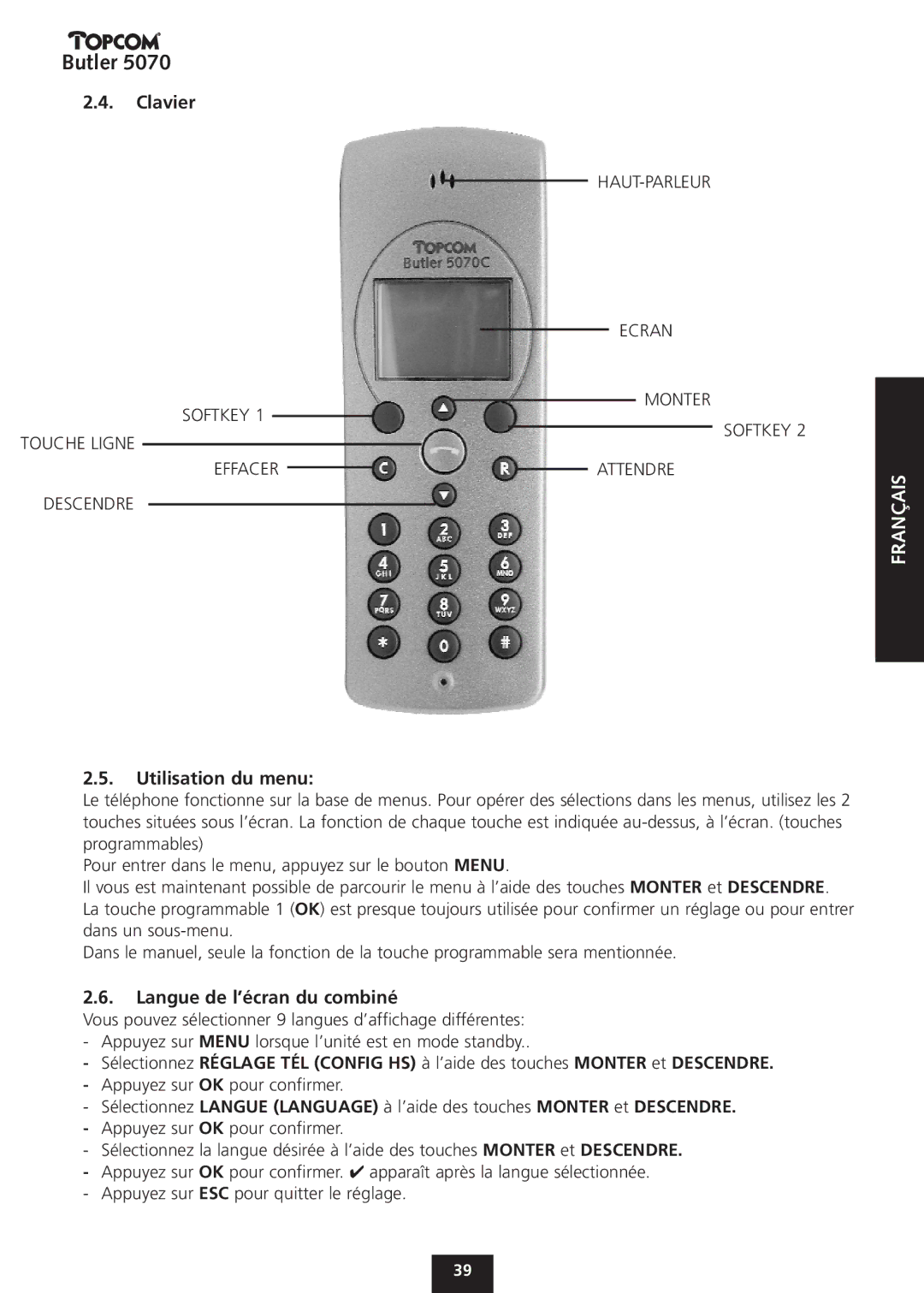 Topcom 5070 manual Clavier, Utilisation du menu, Langue de l’écran du combiné 