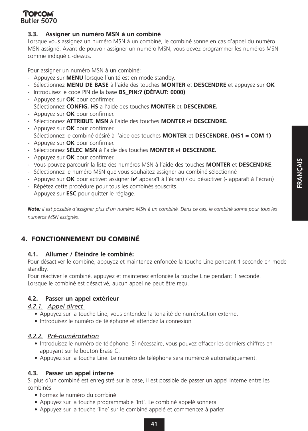 Topcom 5070 manual Fonctionnement DU Combiné, Assigner un numéro MSN à un combiné, Allumer / Éteindre le combiné 