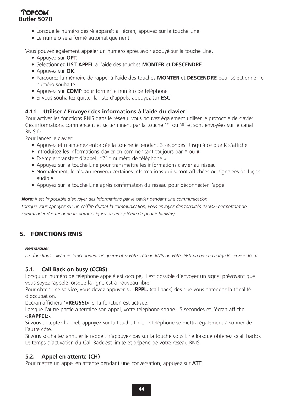 Topcom 5070 manual Fonctions Rnis, Utiliser / Envoyer des informations à l’aide du clavier, Appel en attente CH 