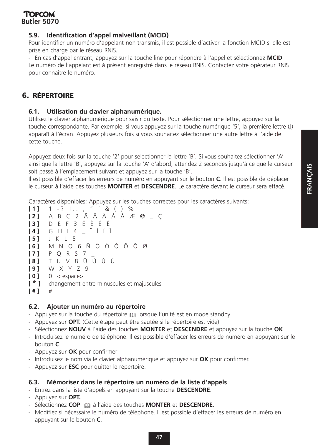 Topcom 5070 manual Répertoire, Identification d’appel malveillant Mcid, Utilisation du clavier alphanumérique 