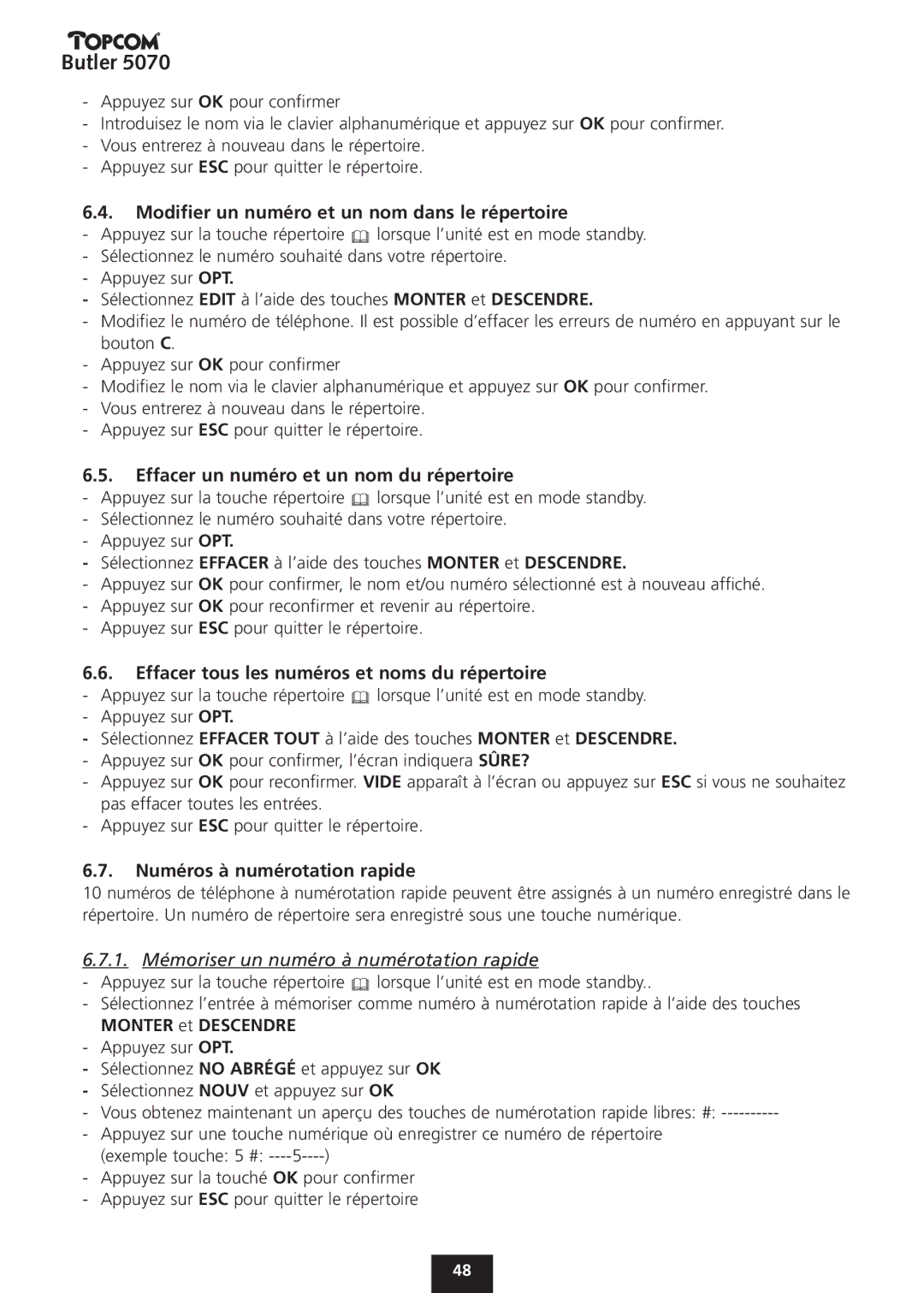 Topcom 5070 manual Modifier un numéro et un nom dans le répertoire, Effacer un numéro et un nom du répertoire 