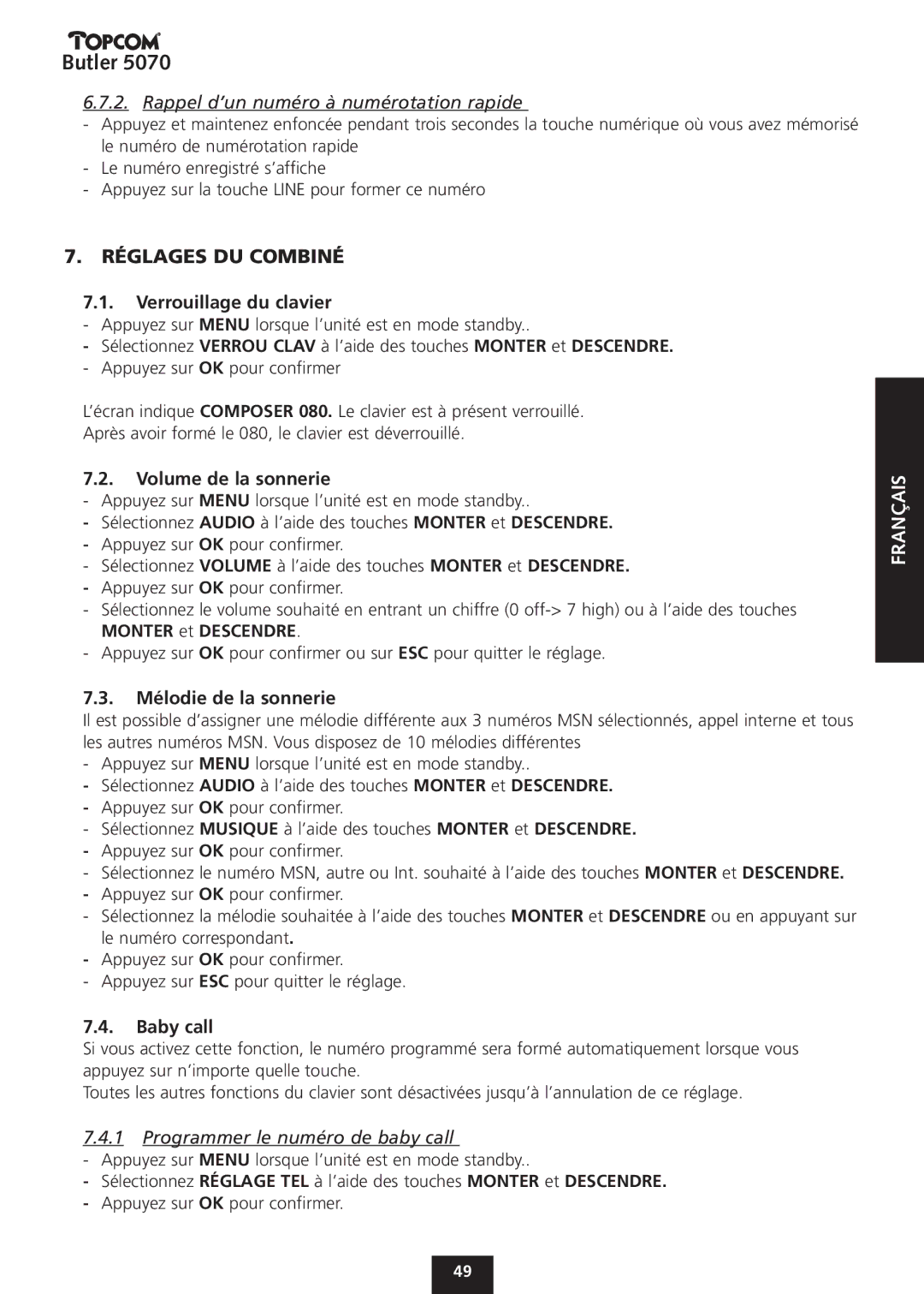 Topcom 5070 manual Réglages DU Combiné, Verrouillage du clavier, Volume de la sonnerie, Mélodie de la sonnerie, Baby call 