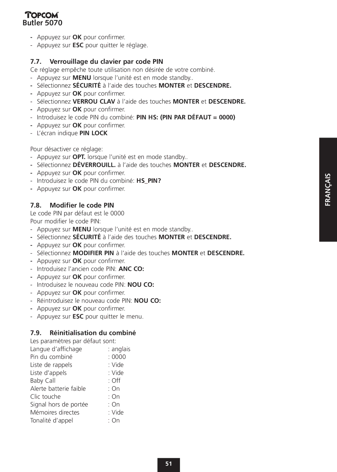 Topcom 5070 manual Verrouillage du clavier par code PIN, Modifier le code PIN 