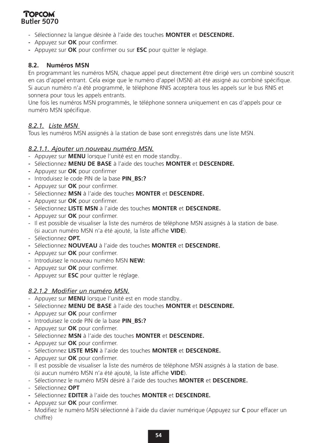 Topcom 5070 manual Liste MSN, Ajouter un nouveau numéro MSN, Modifier un numéro MSN 