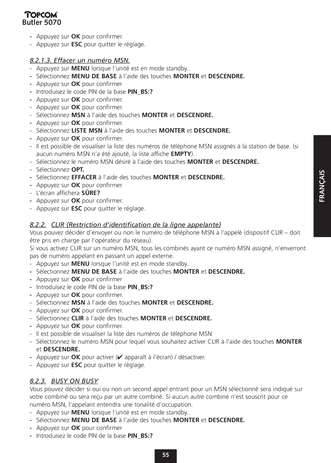 Topcom 5070 manual Effacer un numéro MSN, Clir Restriction didentification de la ligne appelante 