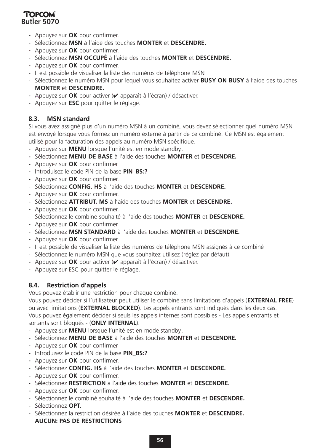 Topcom 5070 manual MSN standard, Restriction d’appels 