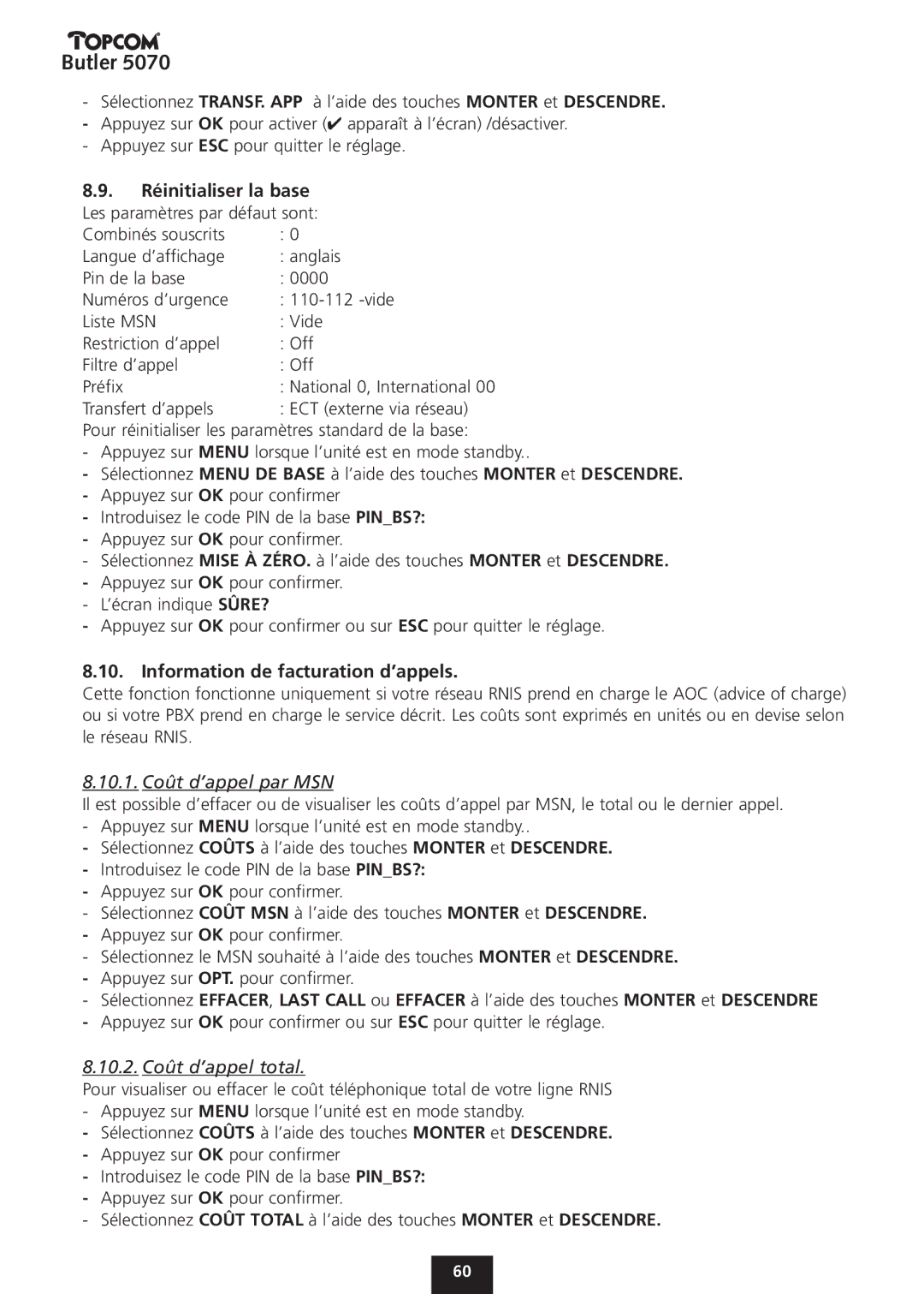 Topcom 5070 manual Information de facturation d’appels, 10.1. Coût d’appel par MSN, 10.2. Coût d’appel total 