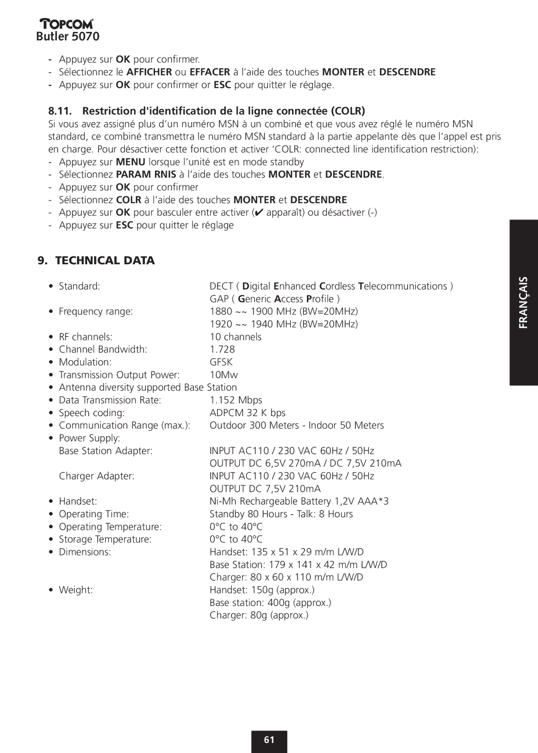 Topcom 5070 manual Technical Data, Restriction didentification de la ligne connectée Colr 