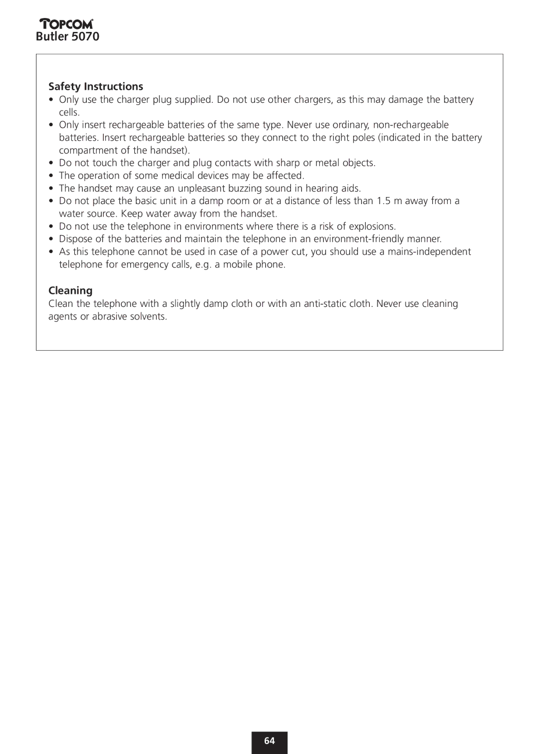 Topcom 5070 manual Safety Instructions, Cleaning 