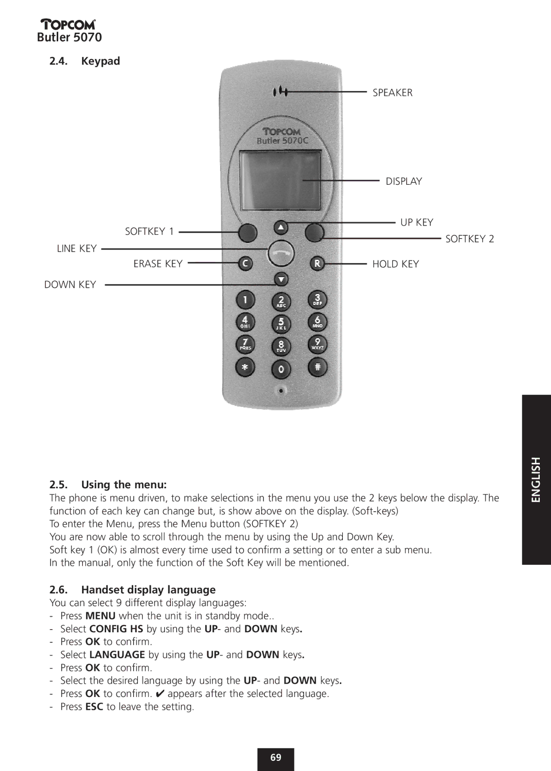 Topcom 5070 manual Keypad, Using the menu, Handset display language 