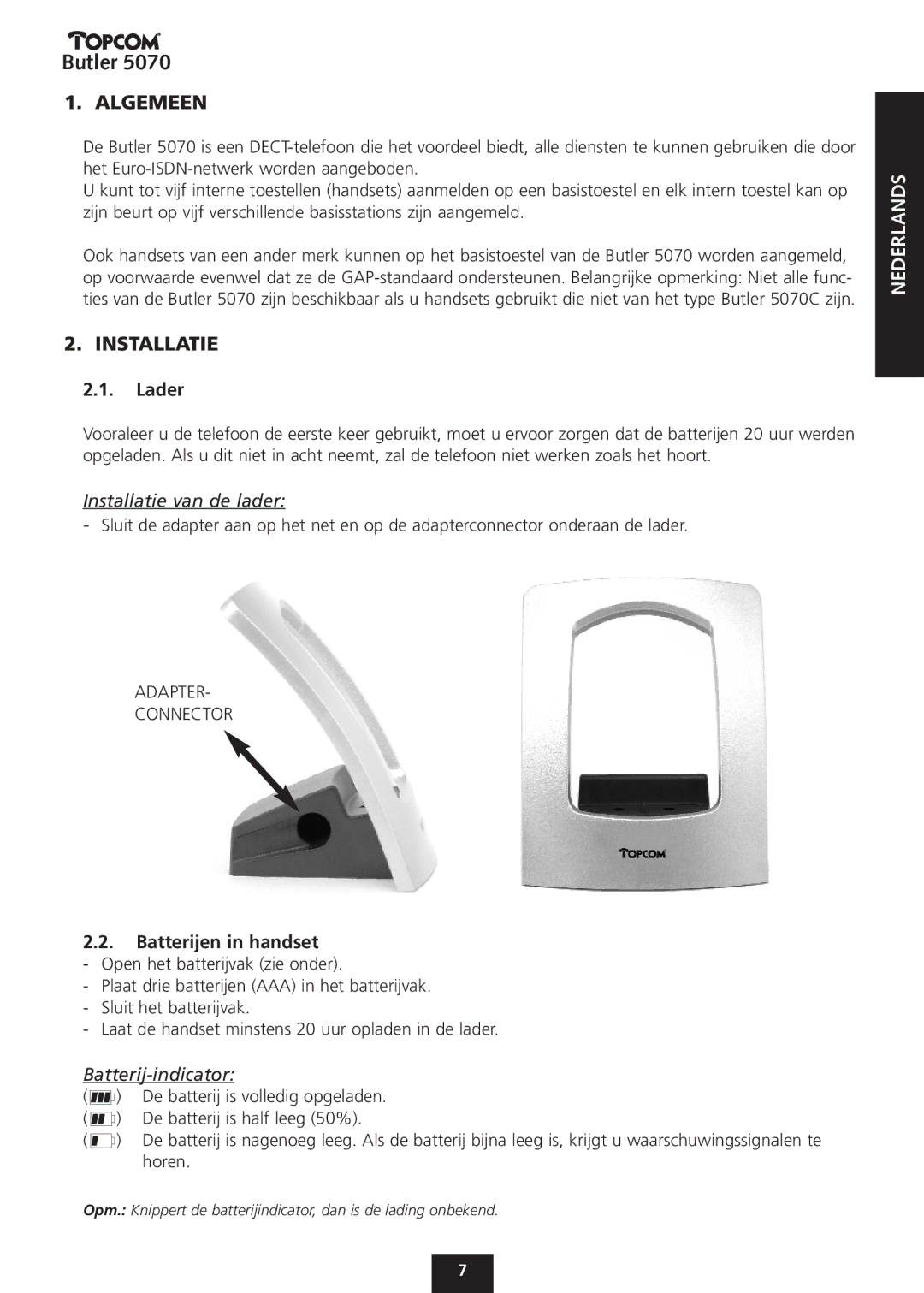 Topcom 5070 manual Algemeen, Installatie, Lader, Batterijen in handset 