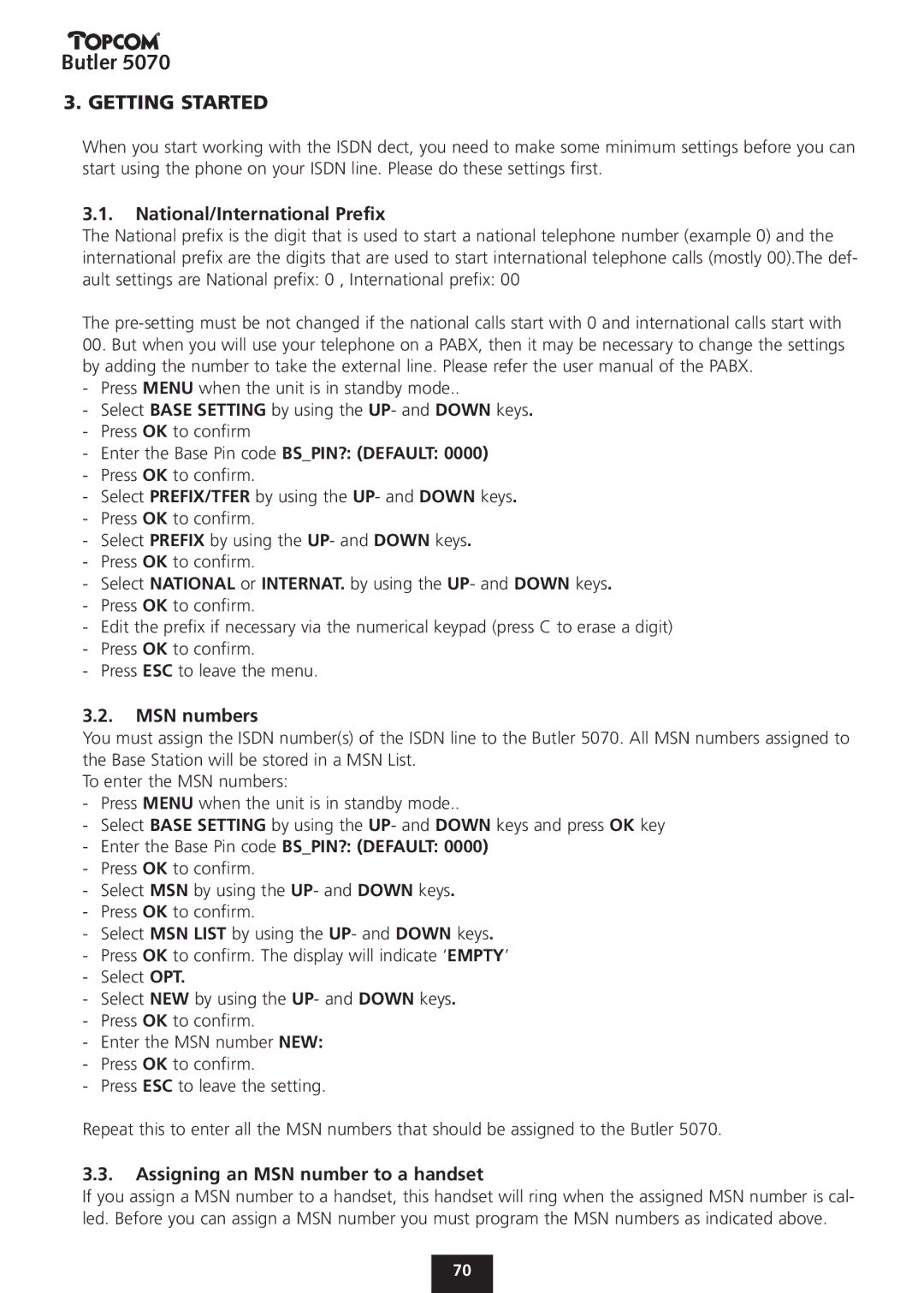 Topcom 5070 manual National/International Prefix, MSN numbers, Assigning an MSN number to a handset 