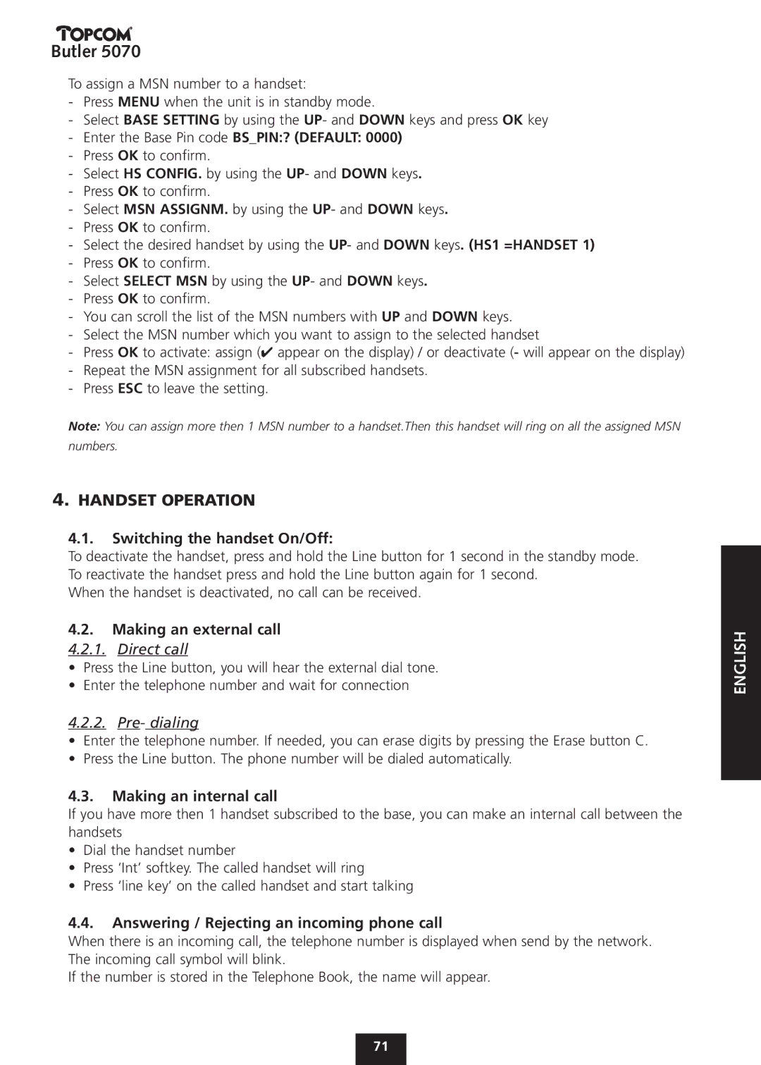 Topcom 5070 manual Handset Operation, Switching the handset On/Off, Making an external call, Making an internal call 