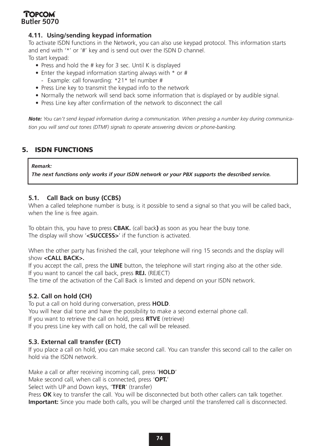 Topcom 5070 manual Isdn Functions, Using/sending keypad information, Call on hold CH, External call transfer ECT 