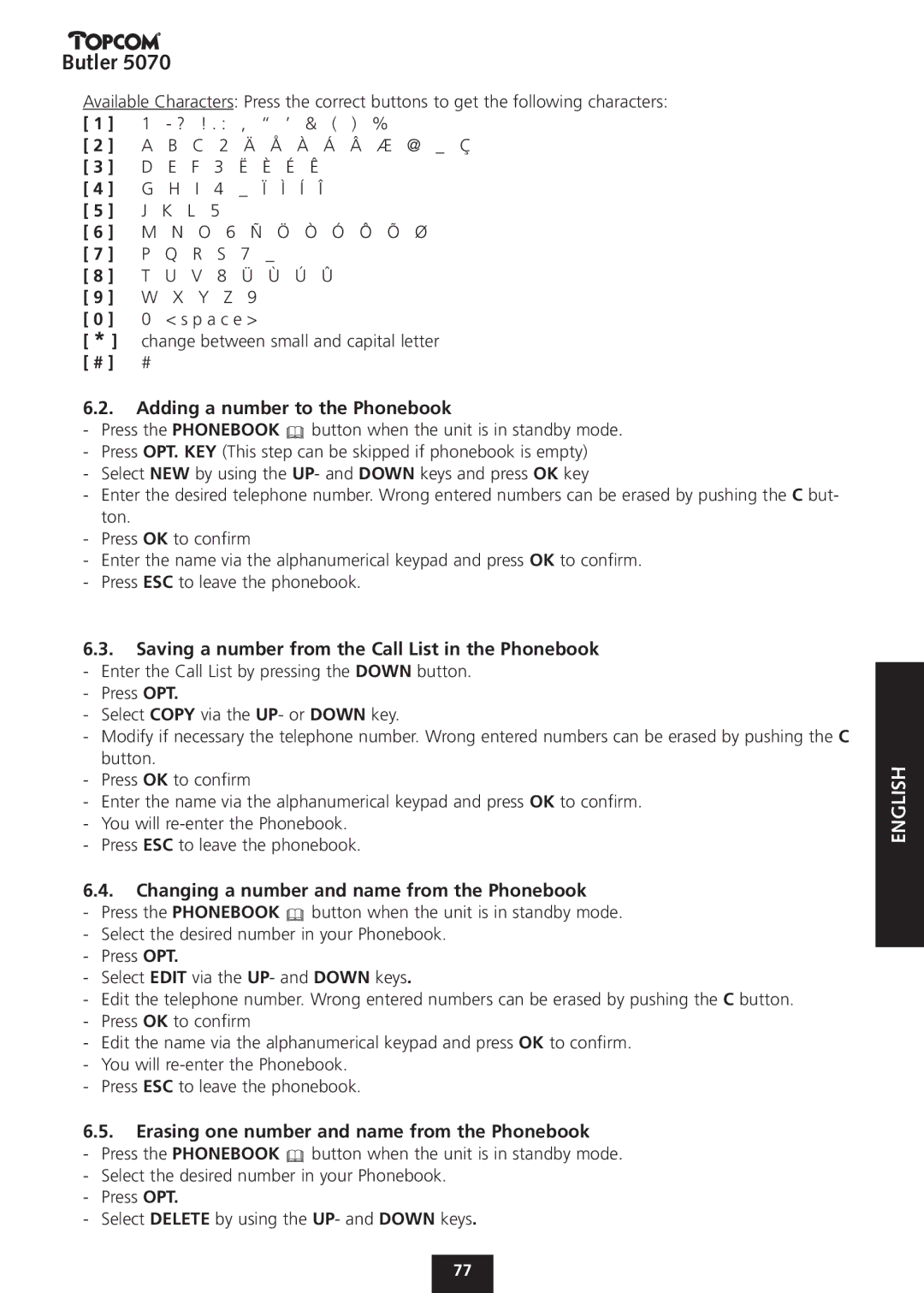 Topcom 5070 manual P a c e, Change between small and capital letter, Adding a number to the Phonebook 