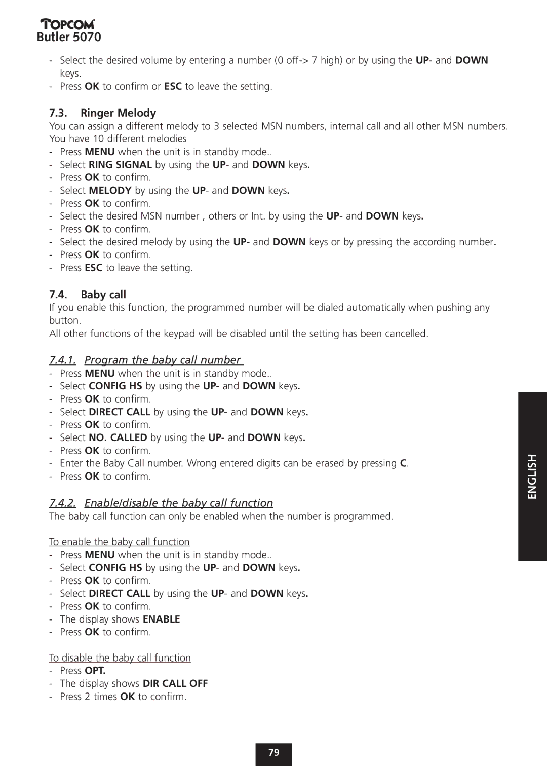 Topcom 5070 manual Ringer Melody, Program the baby call number, Enable/disable the baby call function 