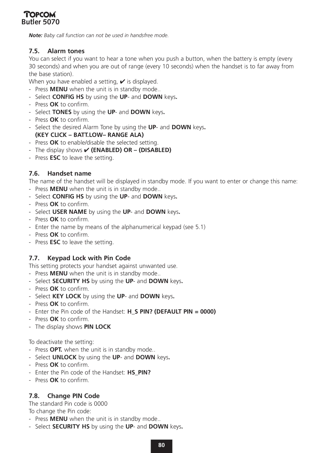 Topcom 5070 manual Alarm tones, Display shows Enabled or Disabled, Handset name, Keypad Lock with Pin Code 