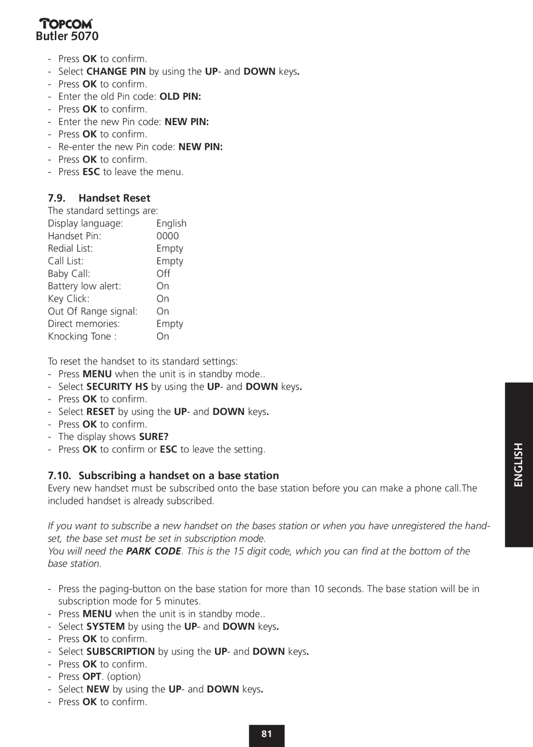 Topcom 5070 manual Subscribing a handset on a base station 