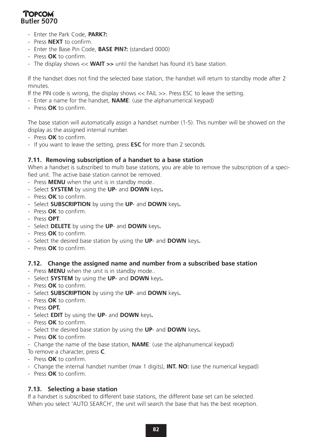 Topcom 5070 manual Removing subscription of a handset to a base station, Selecting a base station 