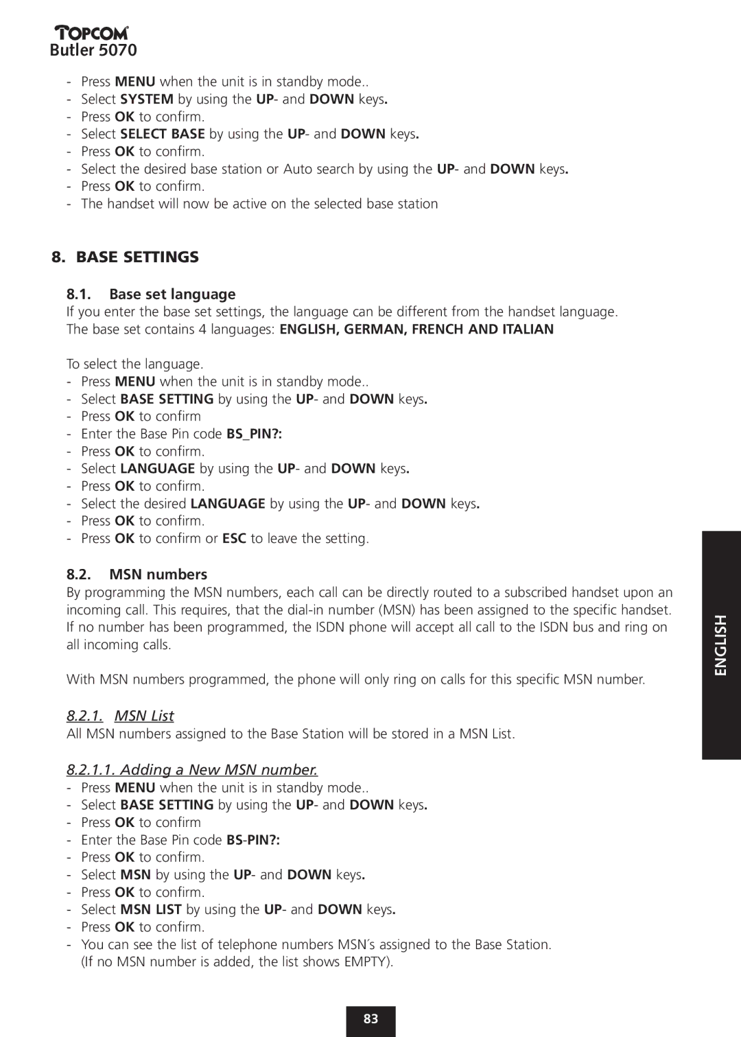 Topcom 5070 manual Base Settings, Base set language, MSN List, Adding a New MSN number 