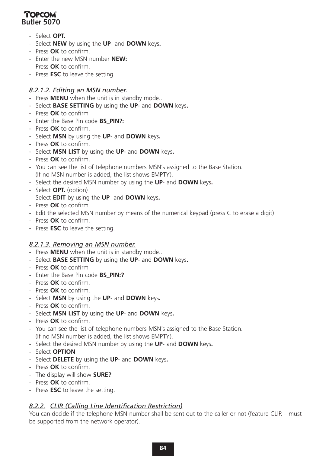 Topcom 5070 manual Editing an MSN number, Removing an MSN number 