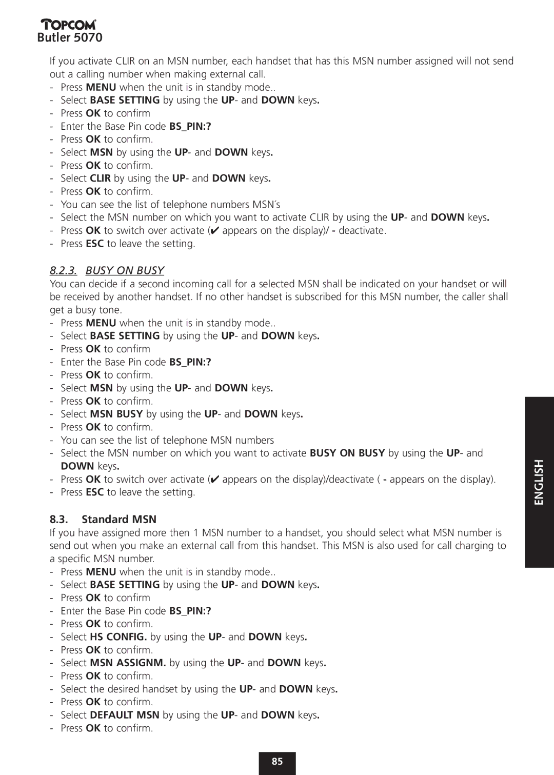 Topcom 5070 manual Standard MSN 