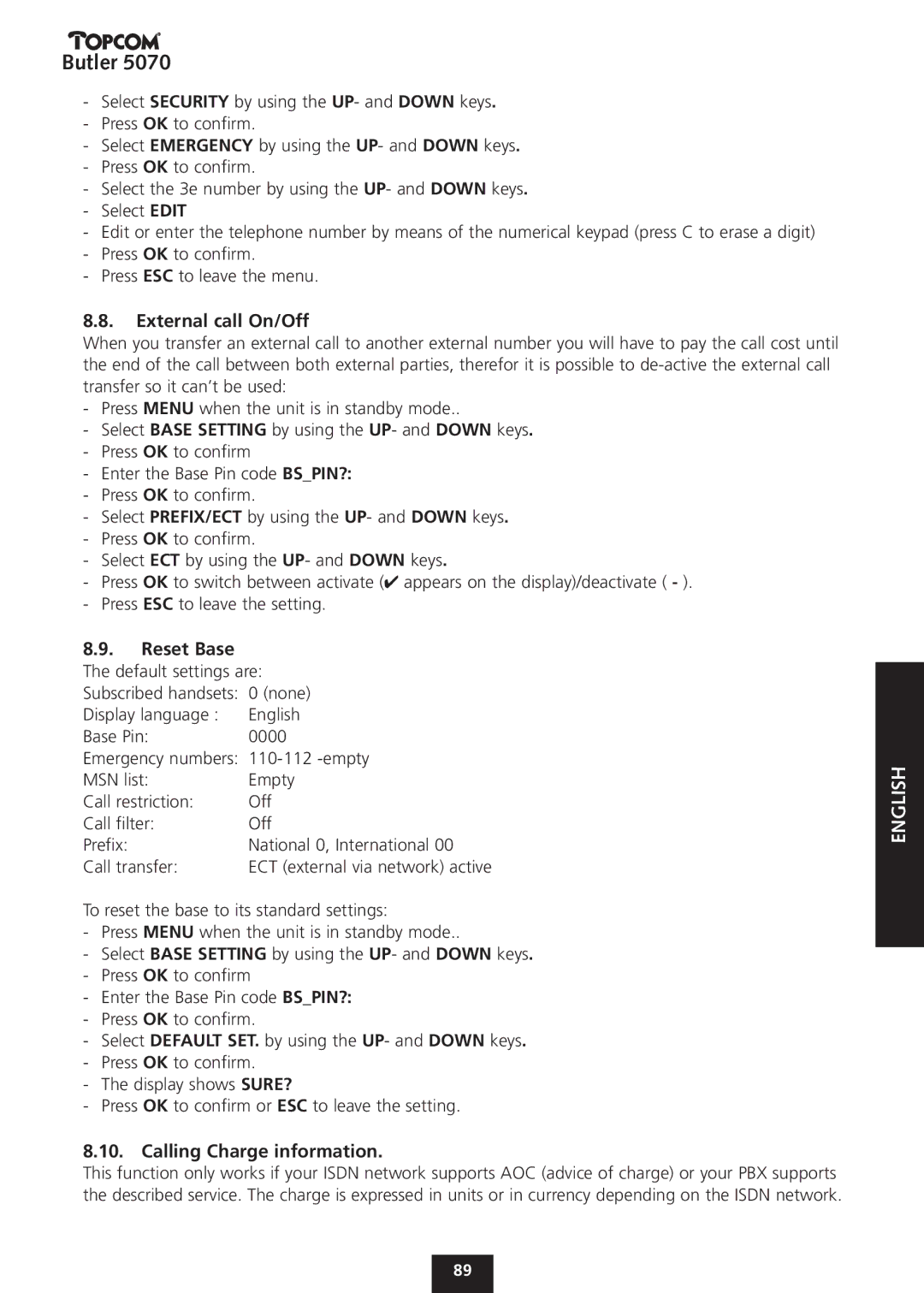 Topcom 5070 manual External call On/Off, Calling Charge information 