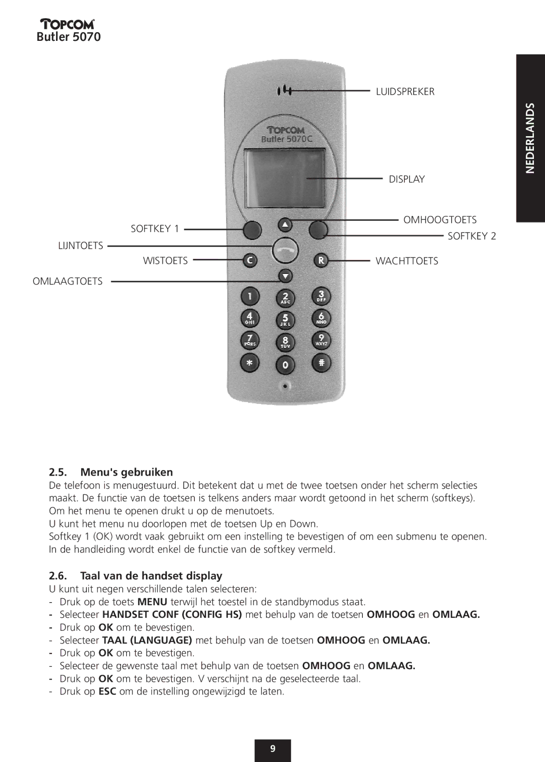 Topcom 5070 manual Menus gebruiken, Taal van de handset display 