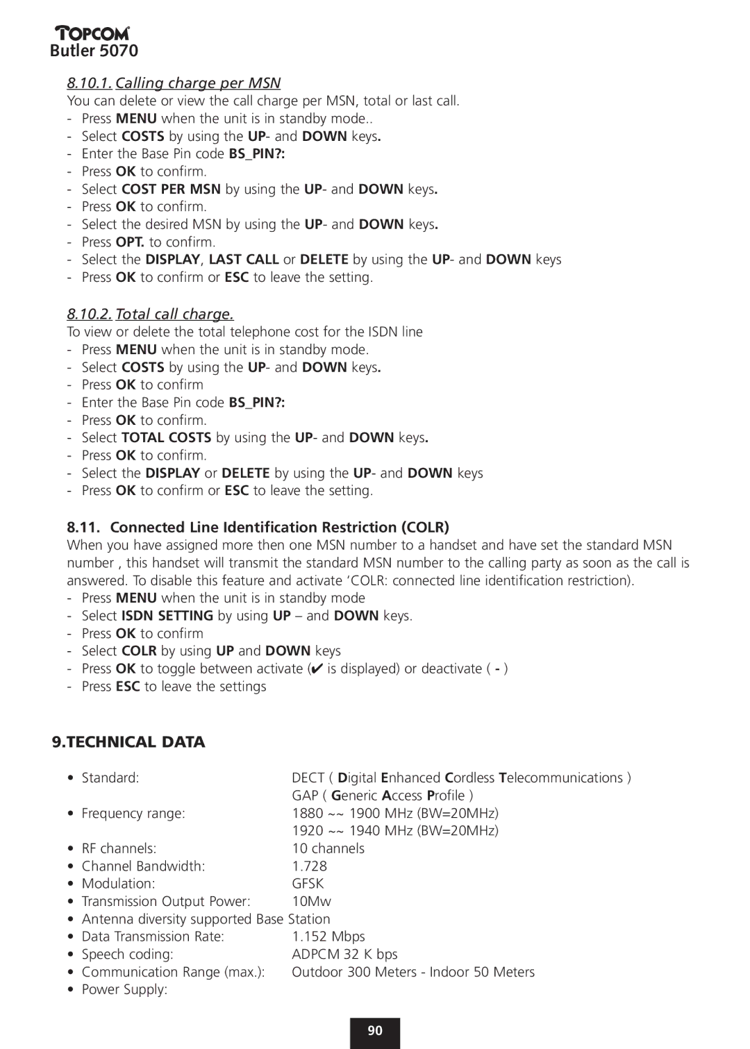 Topcom 5070 manual Calling charge per MSN, Total call charge 