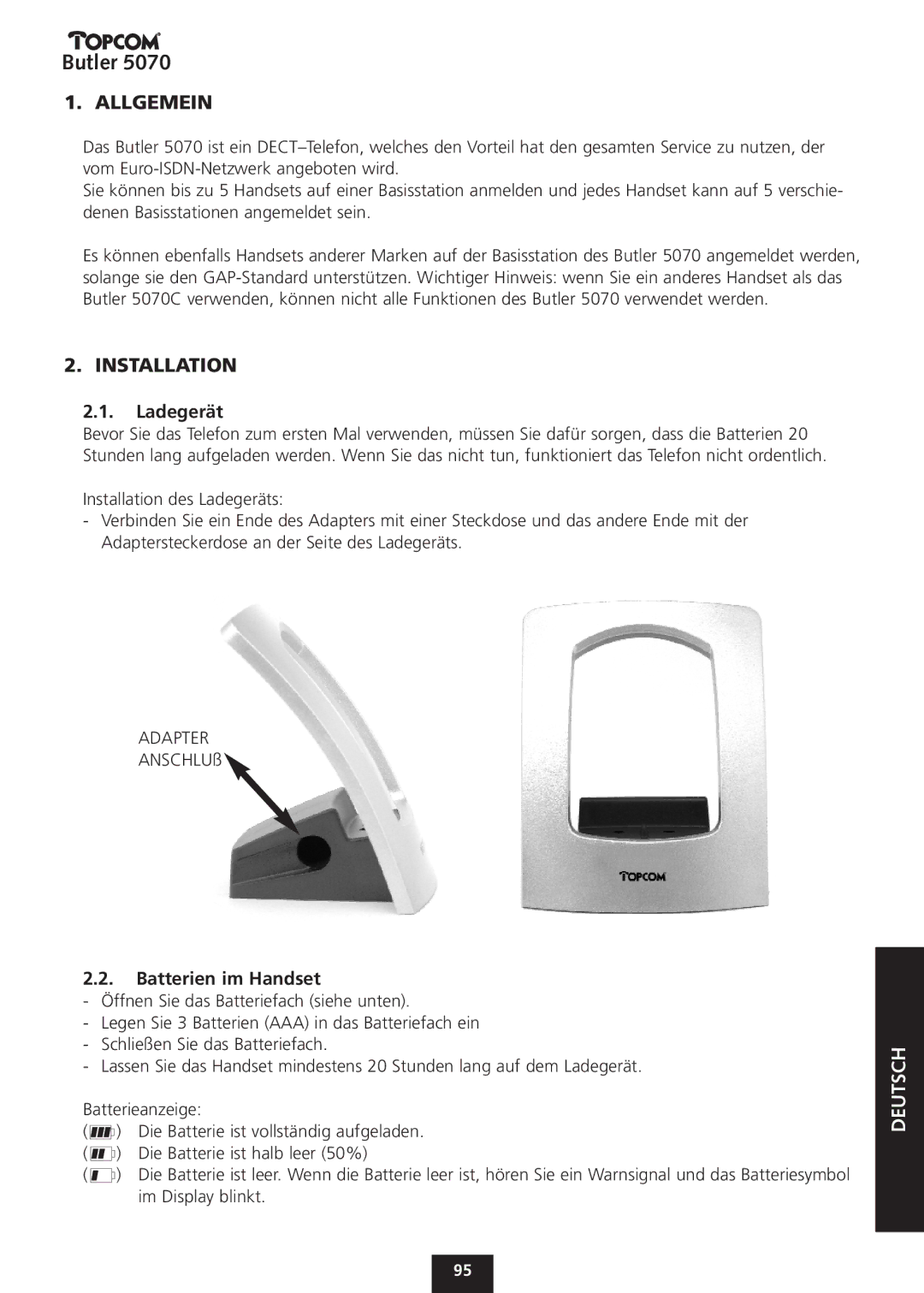 Topcom 5070 manual Allgemein, Ladegerät, Batterien im Handset 