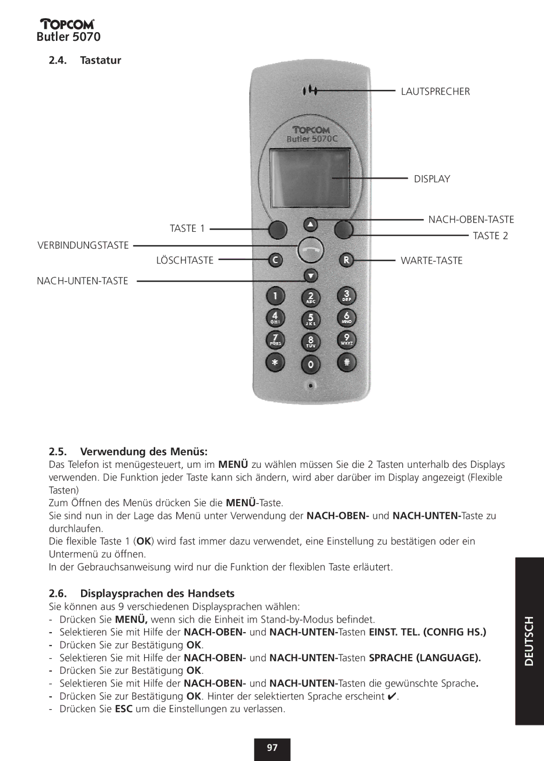 Topcom 5070 manual Tastatur, Verwendung des Menüs, Displaysprachen des Handsets 