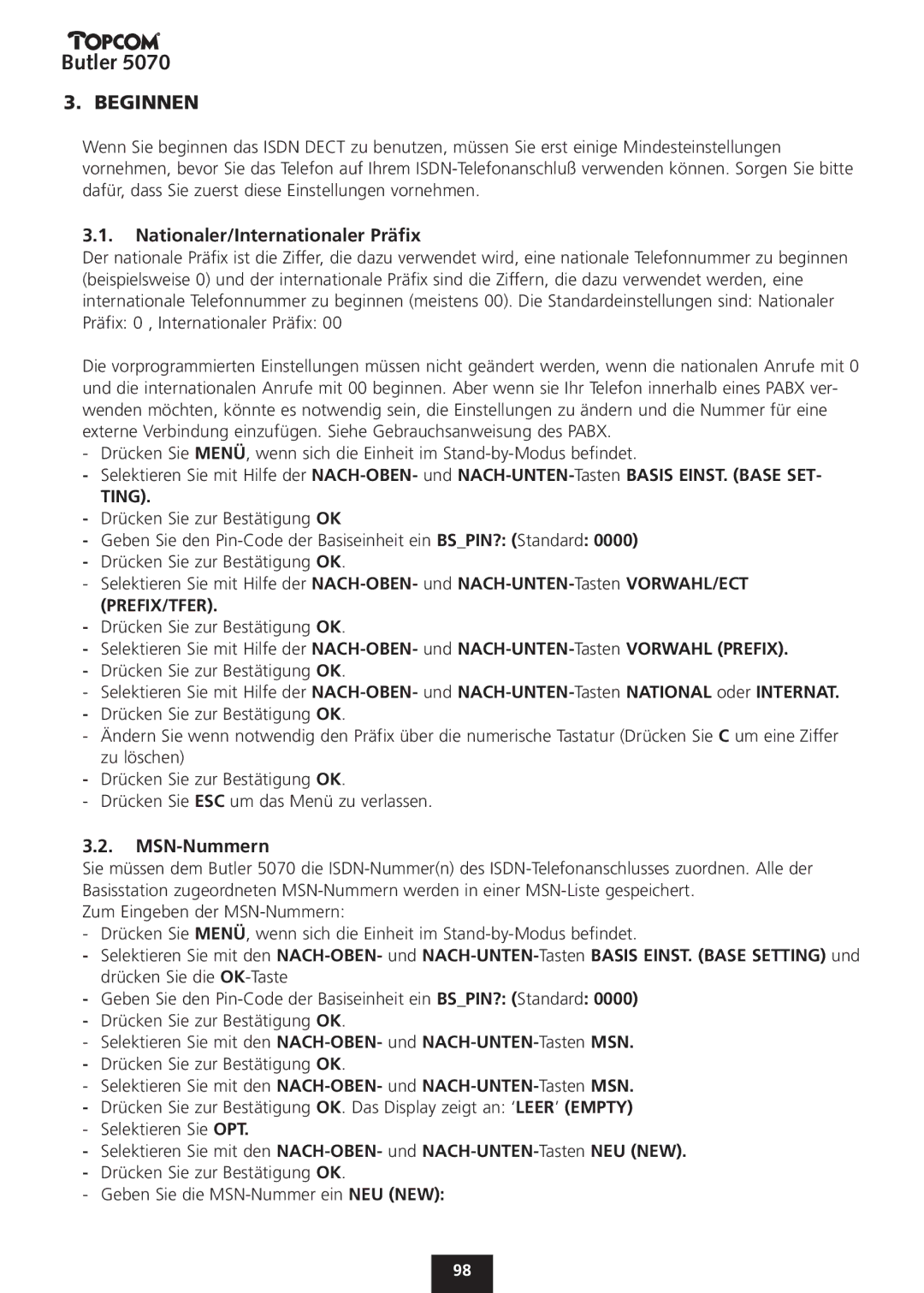 Topcom 5070 manual Beginnen, Nationaler/Internationaler Präfix, MSN-Nummern 