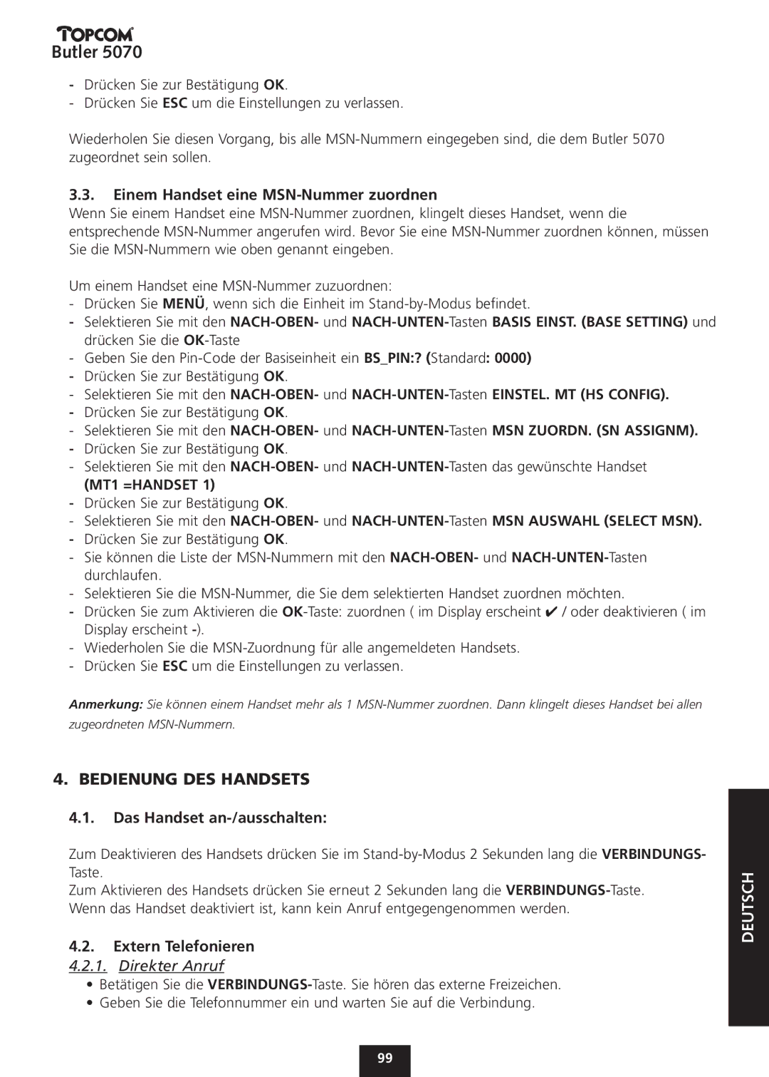 Topcom 5070 Bedienung DES Handsets, Einem Handset eine MSN-Nummer zuordnen, Das Handset an-/ausschalten, Direkter Anruf 