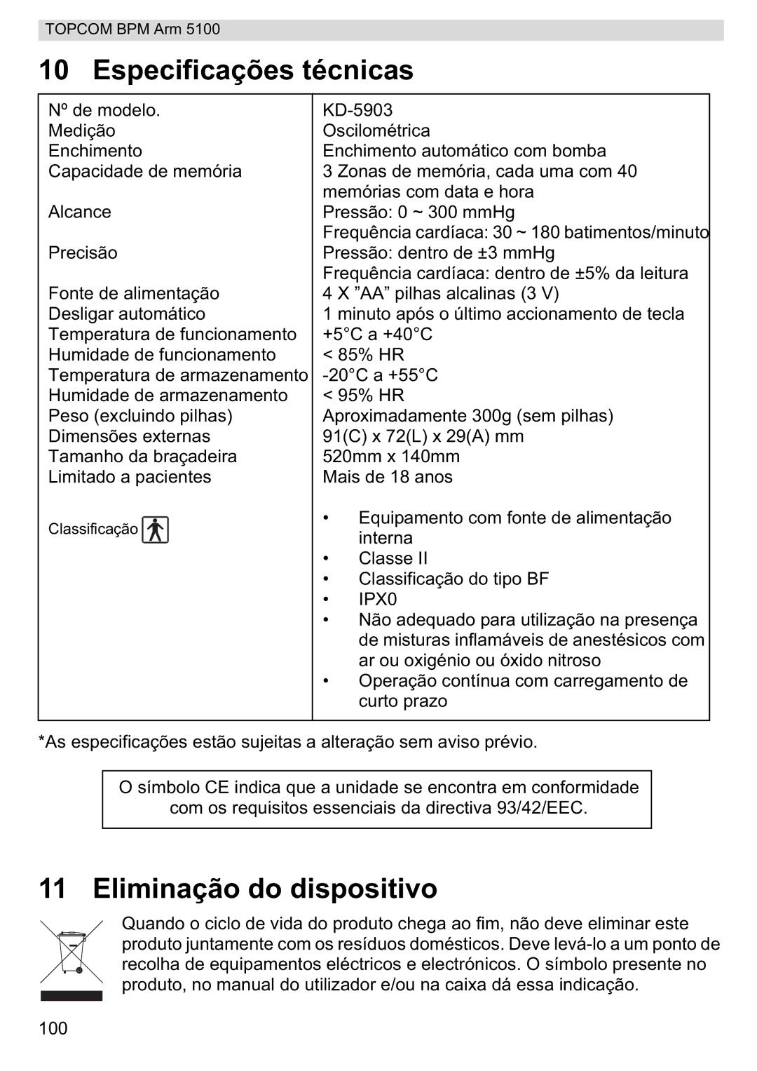 Topcom 5100 WHO manual do utilizador Especificações técnicas, Eliminação do dispositivo 