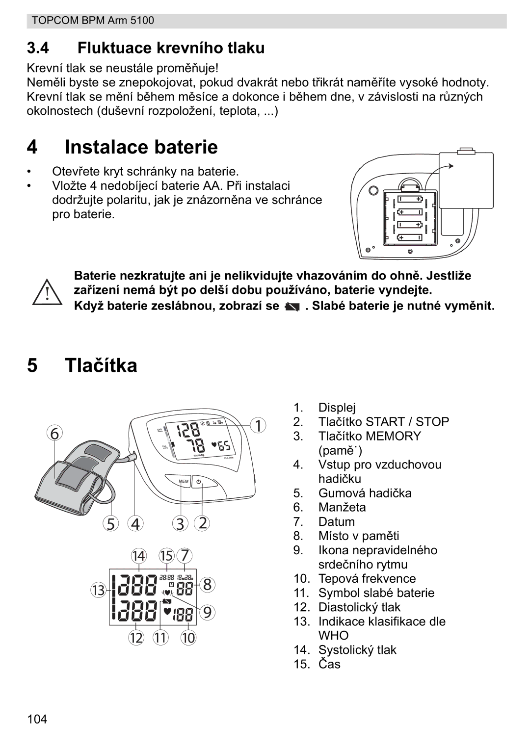 Topcom 5100 WHO manual do utilizador Instalace baterie, Tla, Fluktuace krevního tlaku 