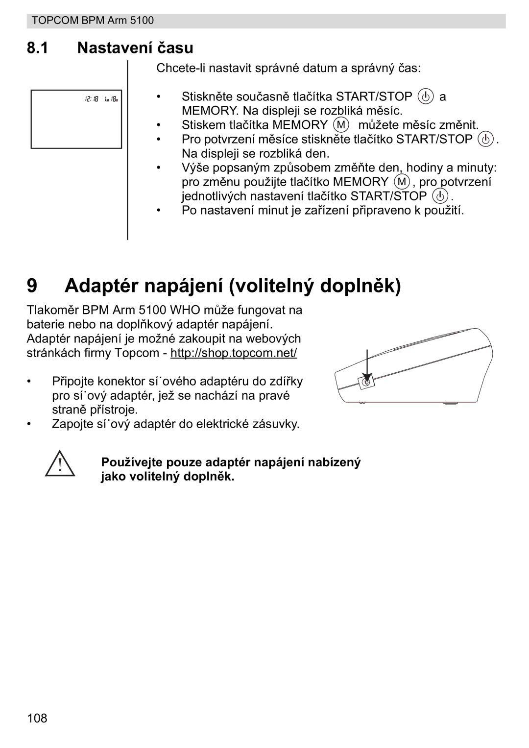 Topcom 5100 WHO manual do utilizador Adaptér napájení volitelný dopln, Nastavení u 