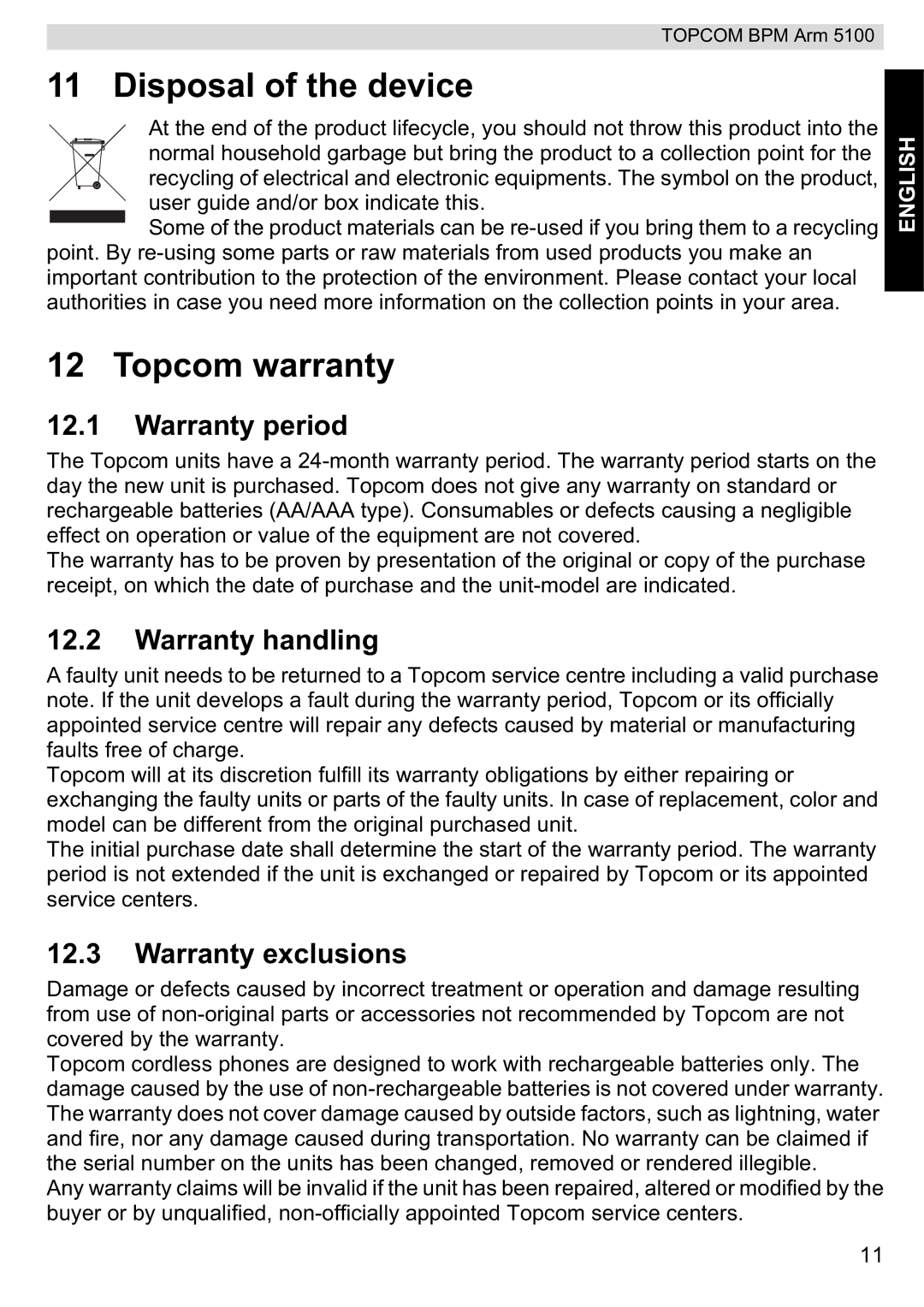 Topcom 5100 WHO Disposal of the device, Topcom warranty, Warranty period, Warranty handling, Warranty exclusions 