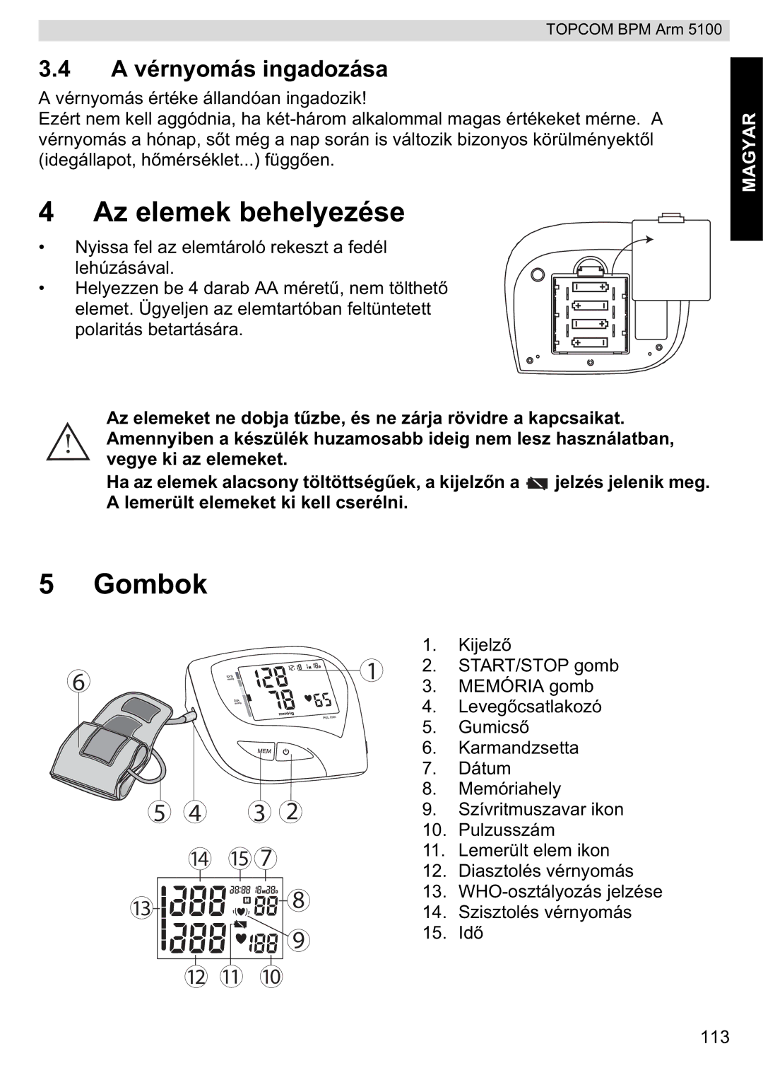 Topcom 5100 WHO manual do utilizador Az elemek behelyezése, Gombok, A vérnyomás ingadozása 