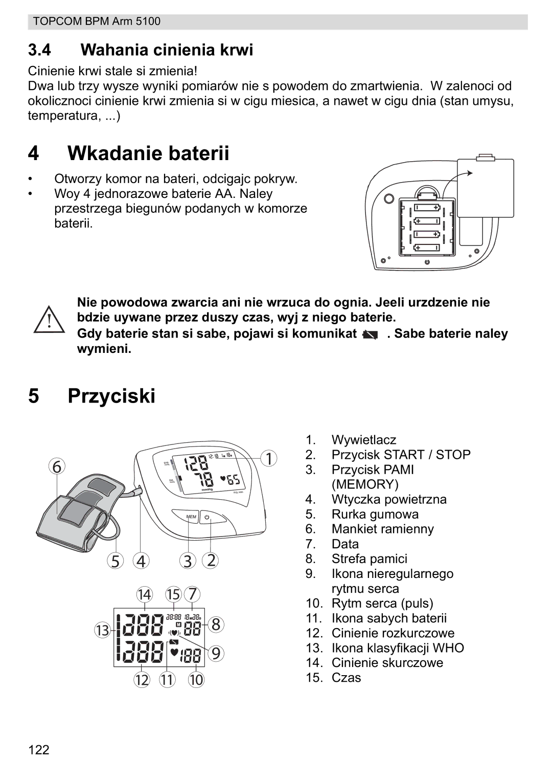 Topcom 5100 WHO manual do utilizador Wkadanie baterii, Przyciski, Wahania cinienia krwi 