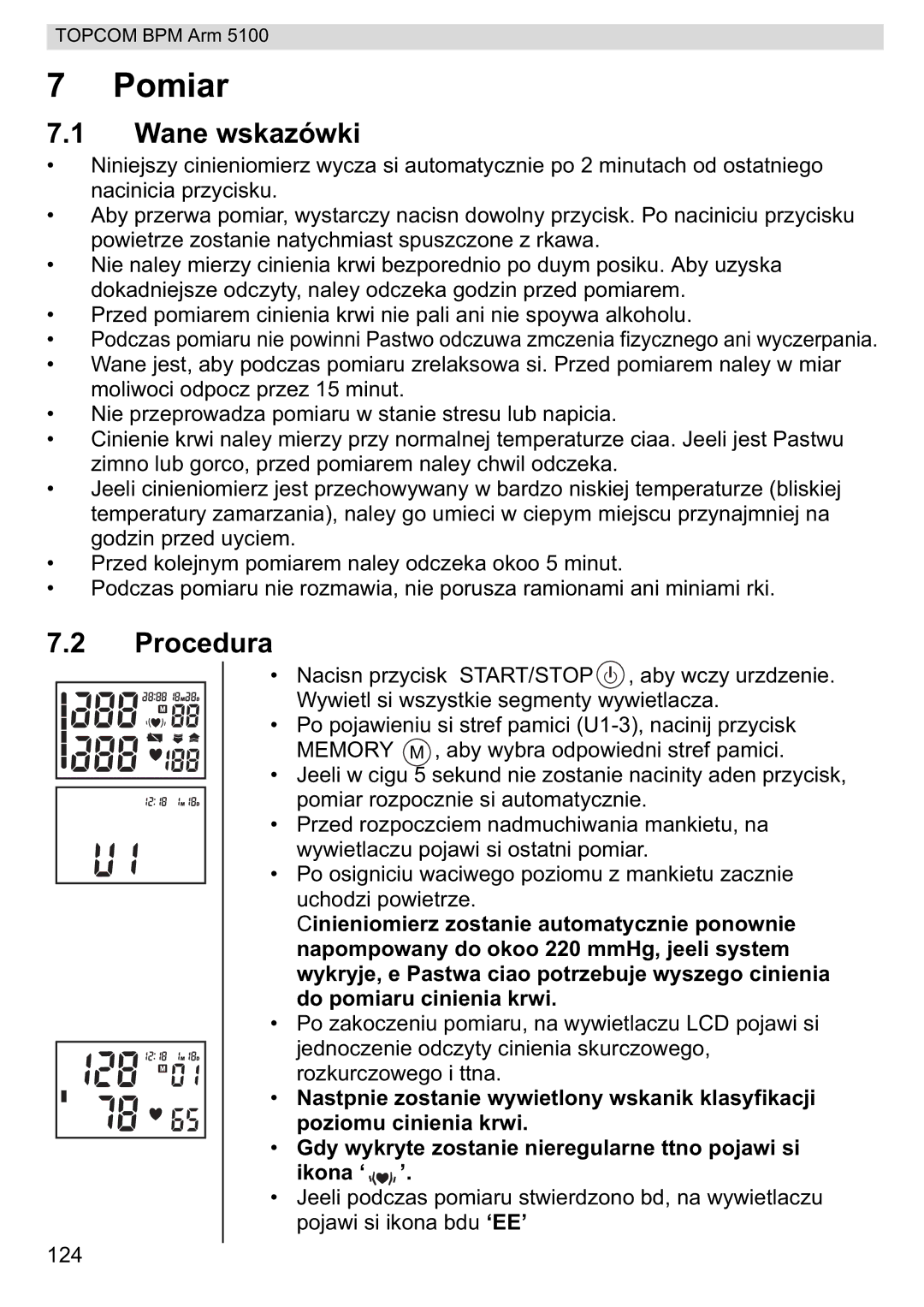 Topcom 5100 WHO manual do utilizador Pomiar, Wane wskazówki 