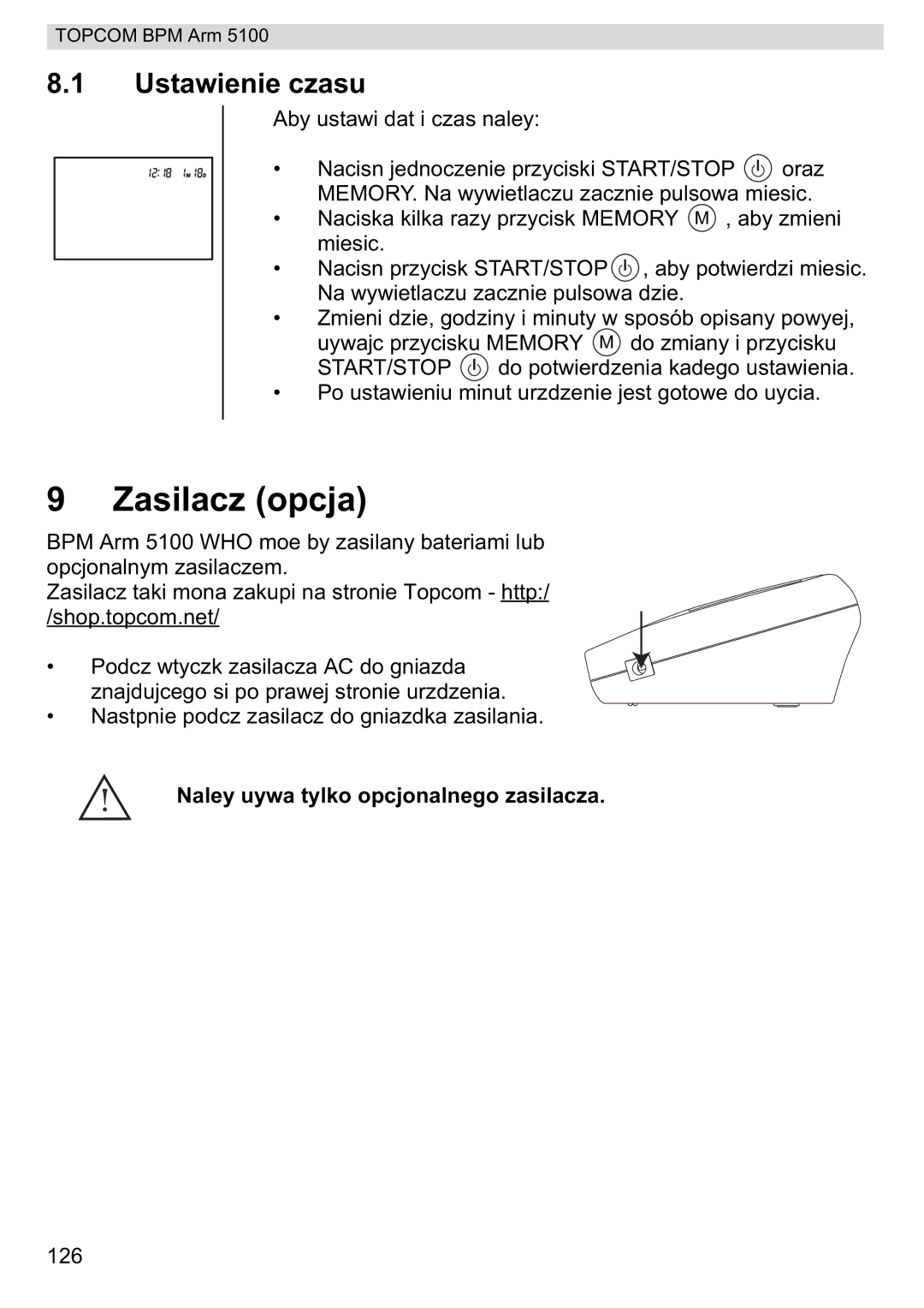 Topcom 5100 WHO manual do utilizador Zasilacz opcja, Ustawienie czasu 