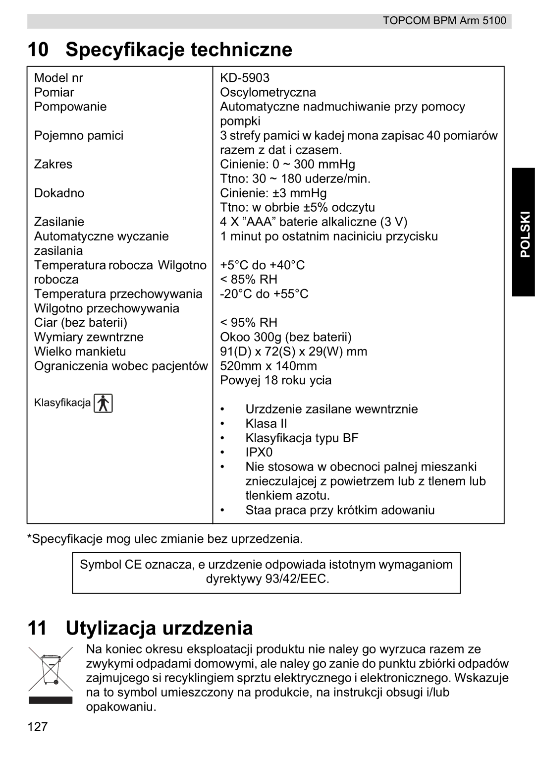 Topcom 5100 WHO manual do utilizador Specyfikacje techniczne, Utylizacja urzdzenia 