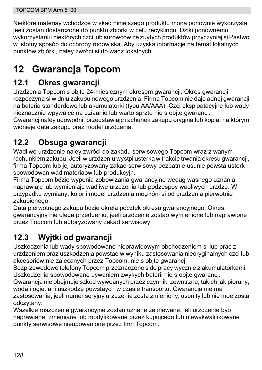 Topcom 5100 WHO manual do utilizador Gwarancja Topcom, Okres gwarancji, Obsuga gwarancji, Wyjtki od gwarancji 