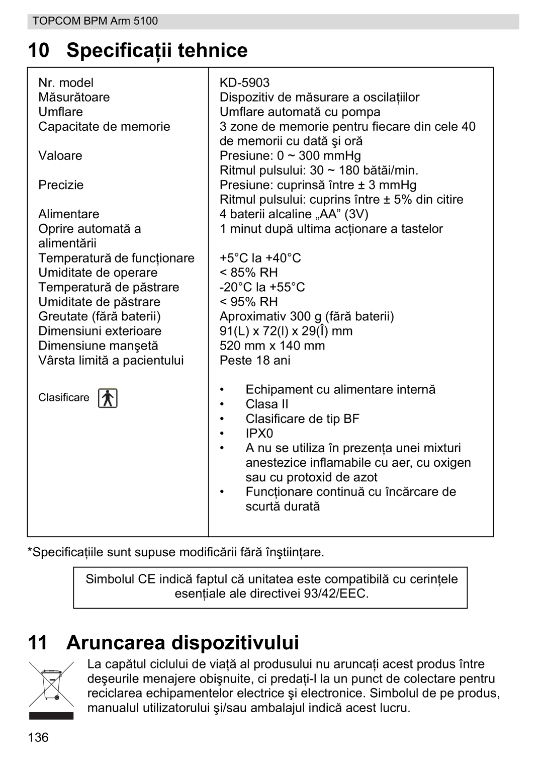 Topcom 5100 WHO manual do utilizador Specificae, Aruncarea dispozitivului 